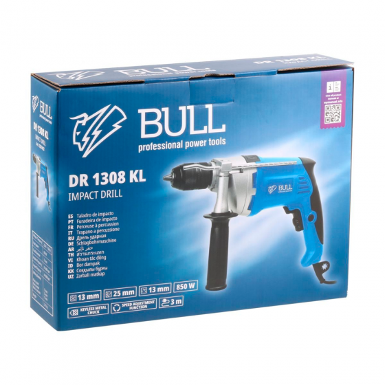 Дрель ударная BULL DR 1308 KL в кор. 850 Вт, БЗП металл 13 мм, 1 скорость, 0-2800 об/мин (1327422)